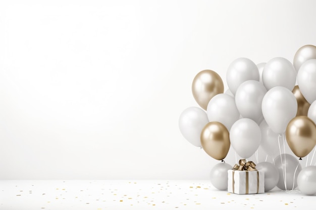 Fondo de celebración blanco con globos y regalos.