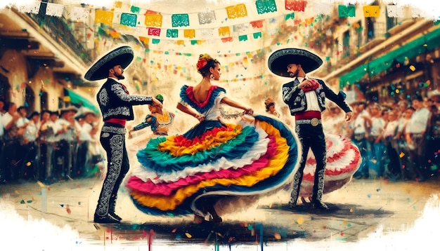 Fondo de la celebración del Cinco de Mayo con personas en trajes tradicionales mexicanos