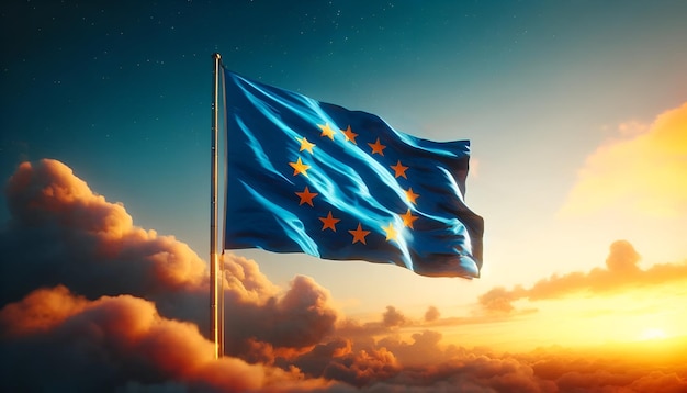 Foto fondo de la celebración del día de europa con la bandera de la unión europea ondeando en el cielo