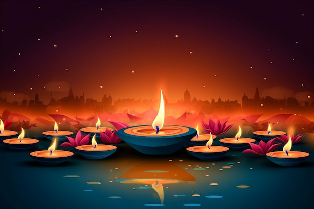 Fondo de celebración de Diwali decorado con linternas de aceite encendidas