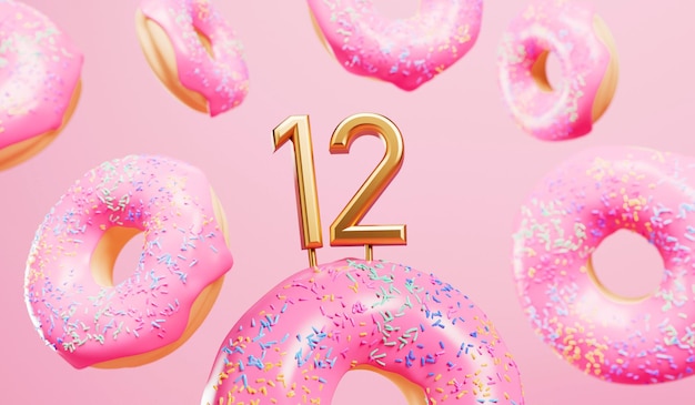 Fondo de celebración de feliz cumpleaños número 12 con donuts rosados glaseados 3D Rendering