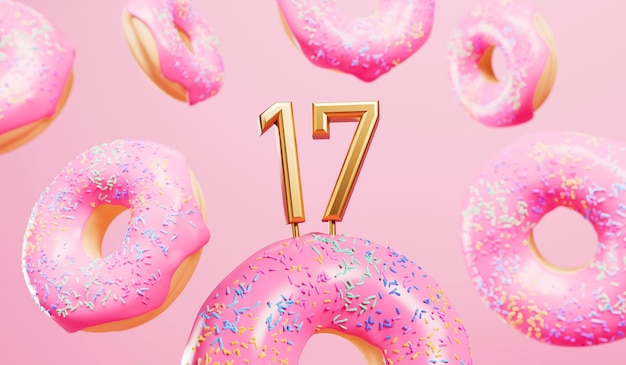 Fondo de celebración de feliz cumpleaños número 17 con donuts rosados glaseados 3D Rendering