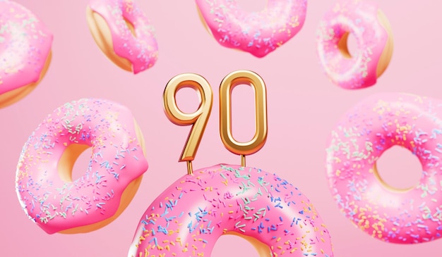 Fondo de celebración de feliz cumpleaños número 90 con donuts rosados glaseados 3D Rendering