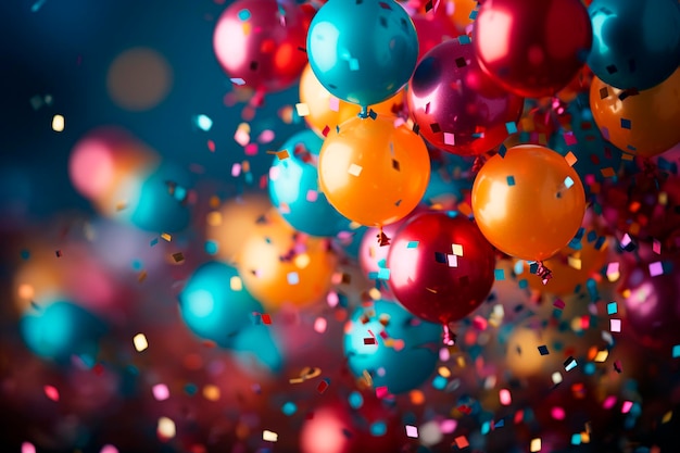 Fondo de celebración de la fiesta con globos y confetti