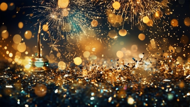 Fondo de celebración con fuegos artificiales y confeti dorado Celebración de Año Nuevo Feliz Año Nuevo