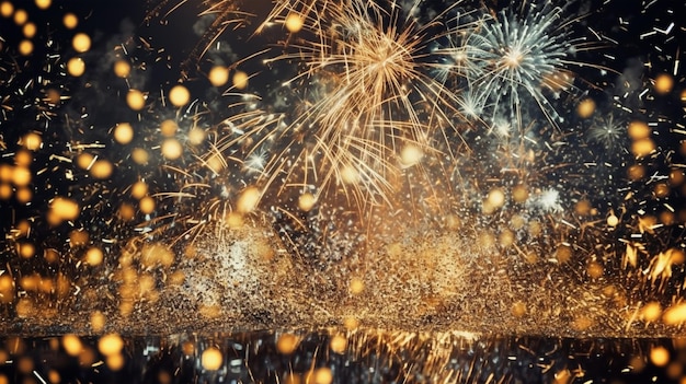 Fondo de celebración con fuegos artificiales y confeti dorado Celebración de Año Nuevo Feliz Año Nuevo