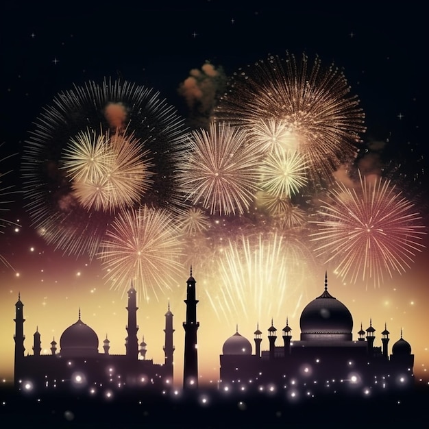 Fondo de celebración con una mezquita y fuegos artificiales en el cielo nocturno Concepto de celebración de Eid