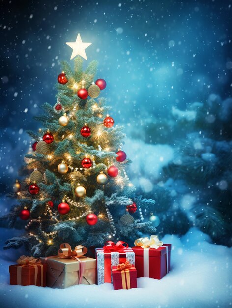 Fondo de celebración de Navidad con árbol de Navidad y regalos