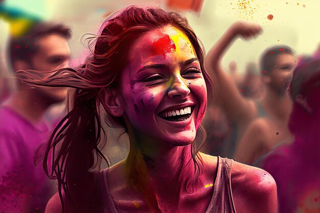 Fondo de celebración navideña de Holi con retrato de persona en pintura rosa púrpura en la cara generativa ai