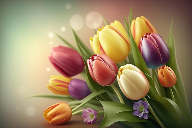 Fondo de celebración de pascua con coloridos tulipanes en la mesa y huevos de pascua