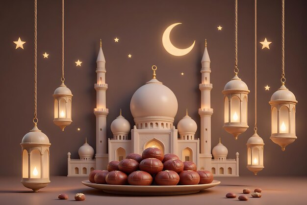 Fondo de celebración del Ramadán 2025 con linternas tradicionales y luna creciente mes sagrado islámico