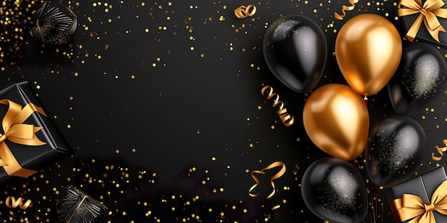 Foto fondo de celebración de vacaciones con globos de oro negro regalos y confeti