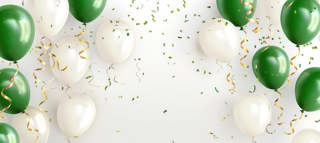 fondo de celebración vectorial con globos verdes y blancos confeti dorado y cintas en telón de fondo gris claro para la decoración de la fiesta de cumpleaños elemento de diseño ilustración