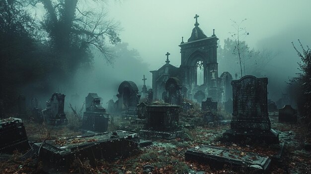 El fondo de un cementerio cubierto de niebla que se desmorona