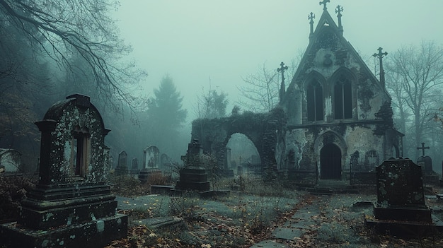 El fondo de un cementerio cubierto de niebla que se desmorona