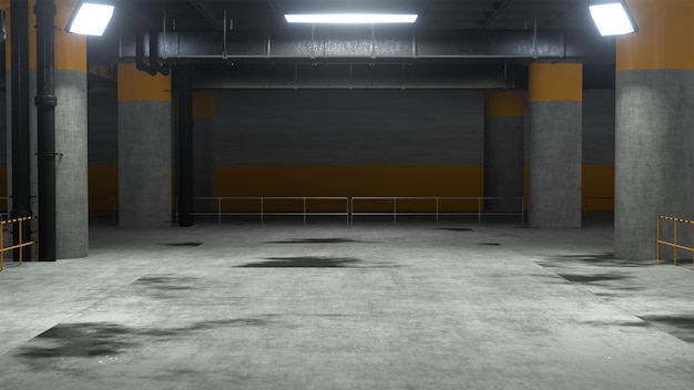 Fondo de cemento de hormigón de ciencia ficción subterráneo Sala de exposición reflectante oscura Estacionamiento Luces blancas Ilustración de representación 3D moderna y elegante