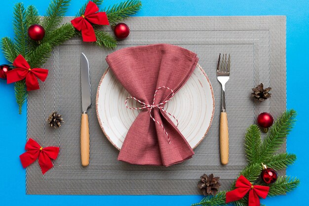 Fondo de cena de Navidad con decoración rústica y utensilio de cocina Vista desde arriba