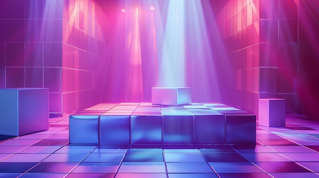 Fondo central en blanco de escenario futurista y vacío con panel de discoteca y vista de rayos