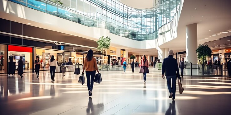 el fondo de un centro comercial moderno con algunos compradores compradores caminando en el centro comercial