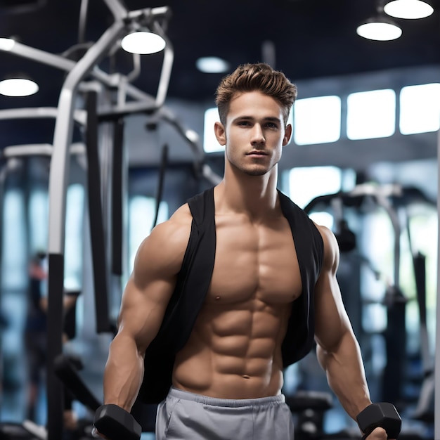 Fondo de centro de comercio de gimnasio de fitness de cuerpo de niño joven inteligente generado por ai