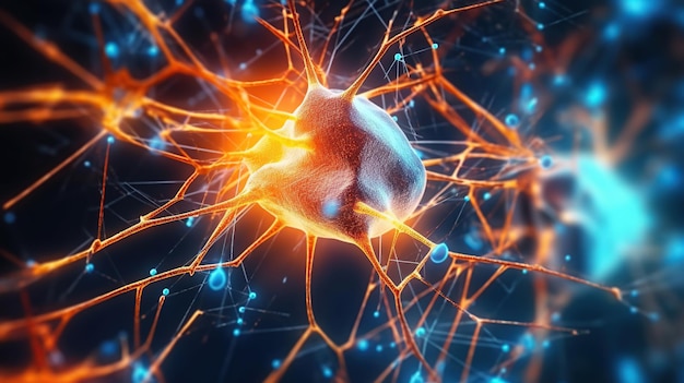 Fondo cerebral ficticio que brilla intensamente con red de enlaces neuronales IA generativa que representa la actividad neuronal de inteligencia artificial