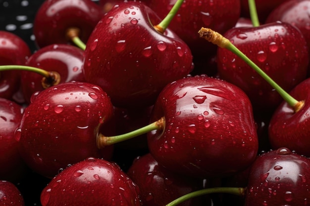 Fondo de cereza fresca Vista superior de frutos rojos con gotas de agua