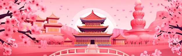 Fondo chino rosa con flores de sakura y templo chino AI generativa
