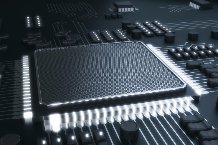 Foto fondo de chip gris moderno tecnología de circuito y concepto de hardware representación 3d