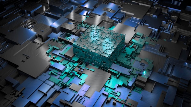 Fondo de chip de procesador de cpu 3d Ilustración abstracta tecnológica de microcircuito y microchip