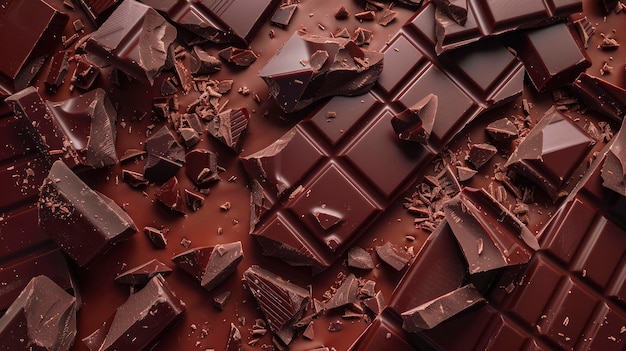 fondo de chocolate muchas piezas de chocolate y barras rotas vista superior plana colocada Día Mundial del Chocolate