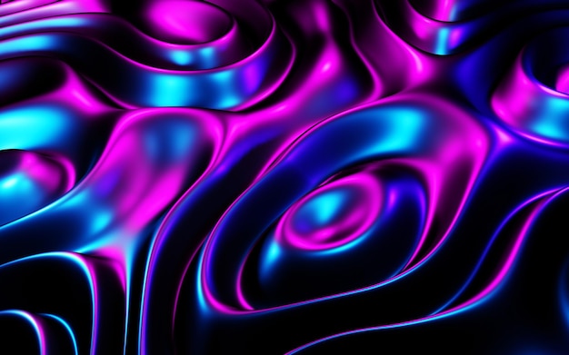 Foto fondo ciberpunk formas onduladas y redondas abstractas líquidas en neón textura de degradado brillante agua superficial púrpura oscuro rosa azul corriente fluida telón de fondo futurista ilustración 3d realidad virtual