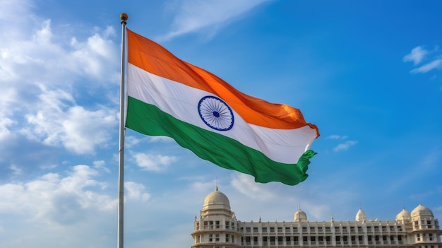 Fondo de cielo azul Bandera ondeante de India diseño para el Día de la Independencia Generativo ai