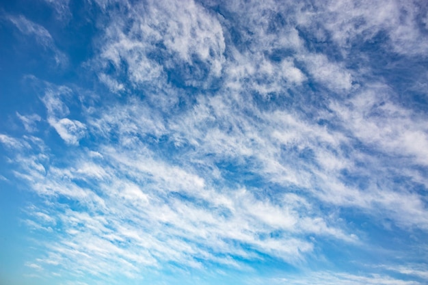 Fondo de cielo azul con diminutas nubes stratus cirrus rayadas Día despejado y buen clima ventoso