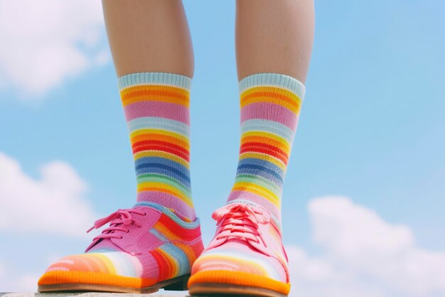 En un fondo de cielo azul divertidos calcetines de colores arco iris generados por Ai