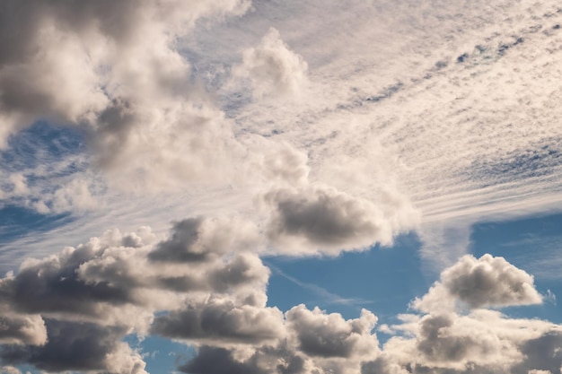 El fondo del cielo azul con nubes de rayas blancas en el cielo y el infinito puede usarse para reemplazar el cielo