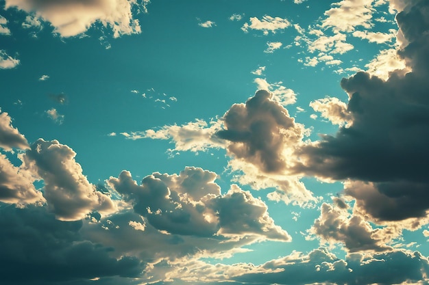 Foto el fondo del cielo azul con pequeñas nubes y rayos de sol tonificado vintage