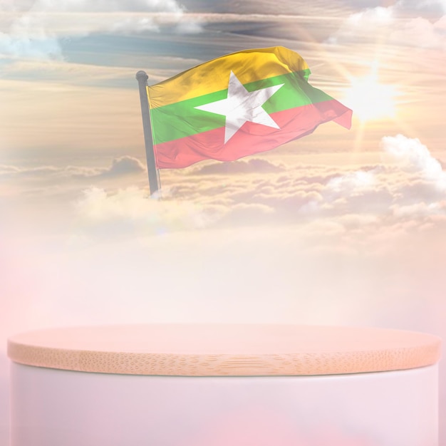 Un fondo de cielo de nube de podio de bandera de myanmar