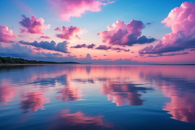 El fondo del cielo en la puesta de sol nubes coloridas la naturaleza composición abstracta con reflejos en el agua del mar azul natural rosa tonos púrpura del horizonte el entorno de la naturaleza