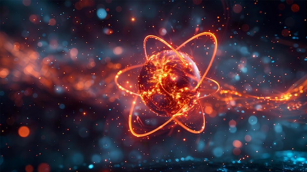Fondo científico con círculos de luz girando alrededor de un núcleo atómico inestable