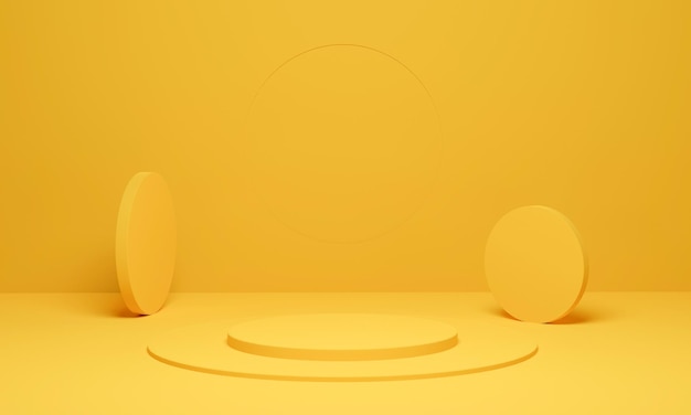 Fondo cilíndrico plataforma geométrica de escena mínima pedestal de podio amarillo para exhibición publicitaria representación 3D