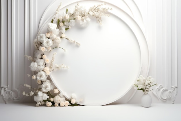 Fondo circular moderno en blanco con flores.