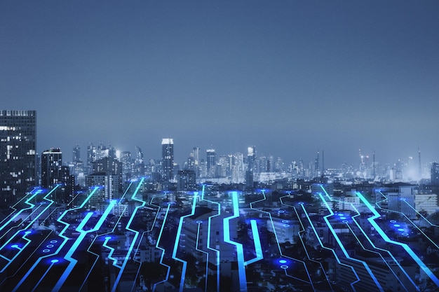 Fondo de ciudad de circuito nocturno abstracto con lugar simulado en el cielo Ciudad inteligente ai y concepto de transformación digital Doble exposición