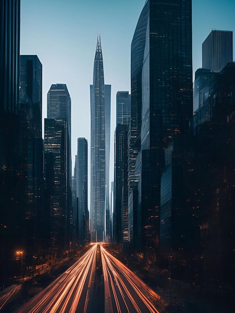 Fondo de ciudad de edificio futurista Paisaje de ciudad y carretera en arte de ilustración de ai generativo de luz diurna cinematográfica