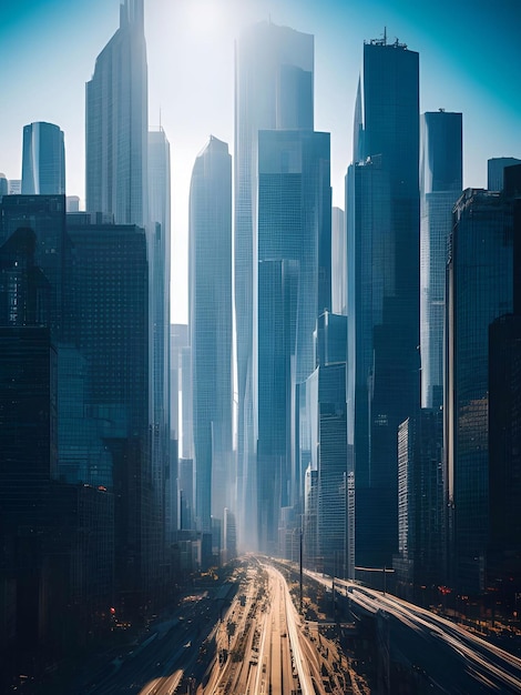 Fondo de ciudad de edificio futurista Paisaje de ciudad y carretera en arte de ilustración de ai generativo de luz diurna cinematográfica