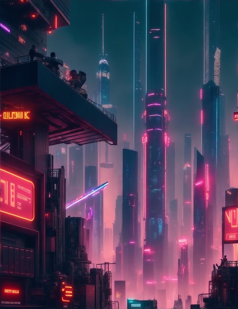 Fondo de la ciudad futura con luces de neón.