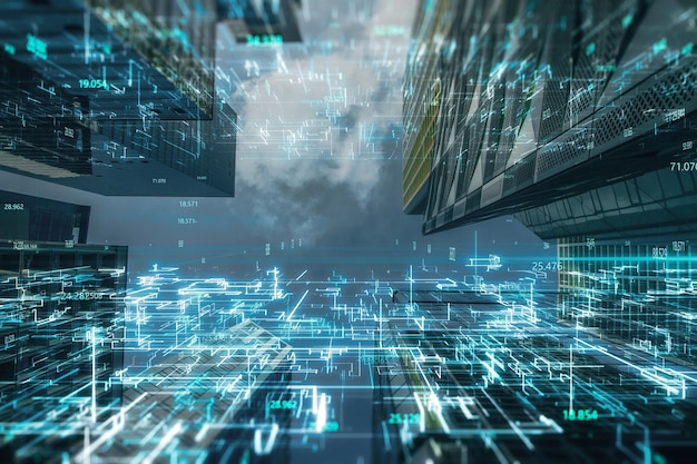 Fondo de ciudad de metaverso brillante creativo con codificación Tecnología futuro y concepto de mundo digital Doble exposición