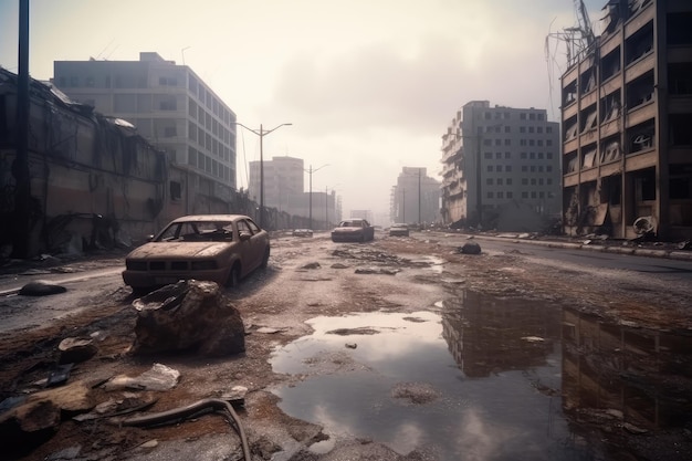 Fondo de la ciudad post-apocalíptica Edificios destruidos generados por IA