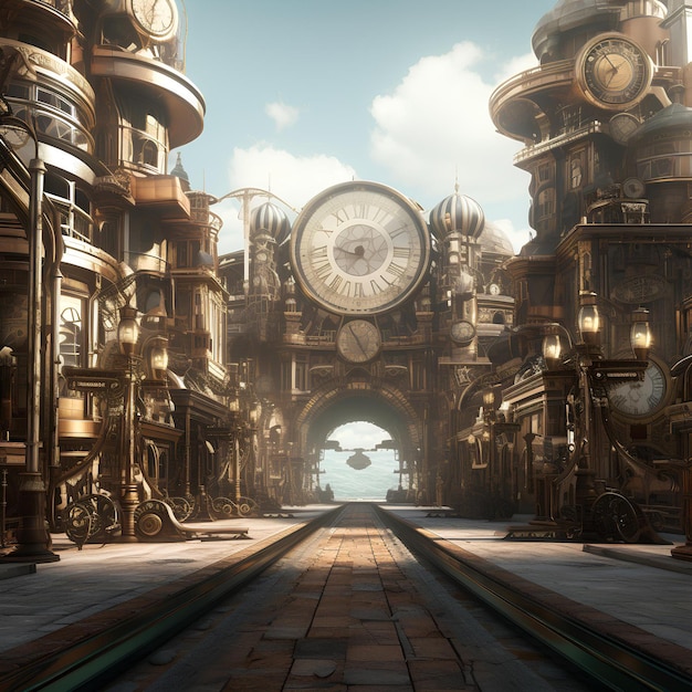 Fondo de ciudad Steampunk 3D