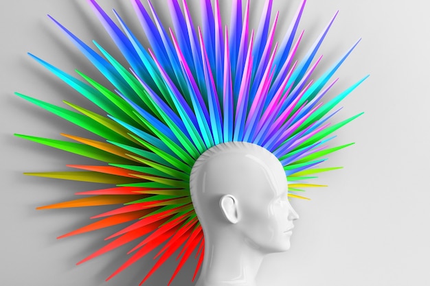 Foto fondo claro abstracto con perfil femenino y el mohawk de estilo de pelo de moda de la persona que llama pintado con los colores del arco iris. concepto lgbt. ilustración 3d