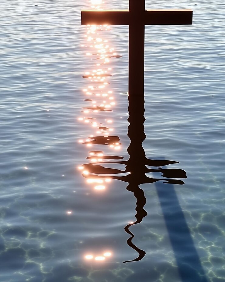 Un fondo claro del océano con una cruz reflejada en la superficie de las aguas